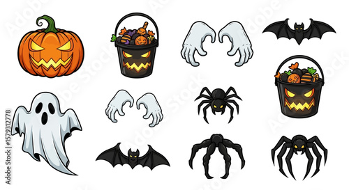 Halloween vector illustration featuring a jack-o'-lantern, candy buckets, ghostly hands, bats, spiders, and a ghost, all isolated on a white background.