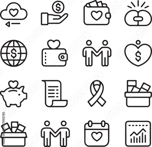 Donation, Charity, and Giving Icons A Collection of Line Art Graphics