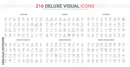 Habit for healthy body and mind, work life balance line icon set. Brainstorming and author ideas in human and AI head, fabrics and fashion thin black and red outline symbols vector illustration