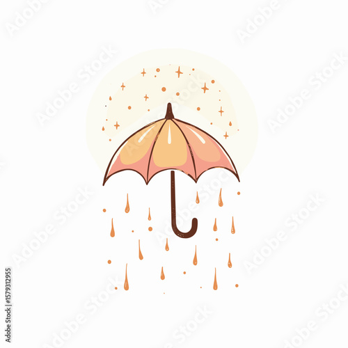 Illustrated umbrella with raindrops and sparkles in pastel colors  