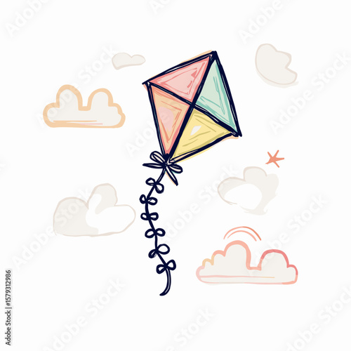 Colorful kite flying among fluffy clouds in blue sky  