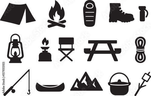 Camping gear icons tent campfire