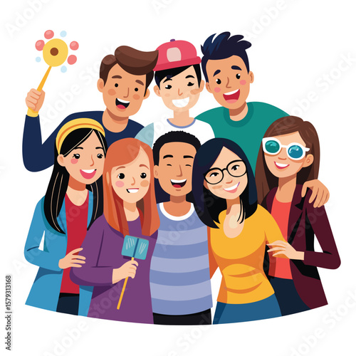 A group of friends taking a lively group photo with funny props, creating hilarious memories.