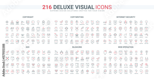 SEO filters and hosting, copyright of author content, calendar and pen for blog posts and blogging line icon set. Web operation and copywriting thin black and red outline symbols vector illustration