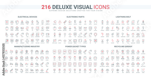 Recycling and ESG, manufacturing and industry, electrical devices, renewable energy line icon set. Electricity bolt and attention symbols, socket types thin black and red outline vector illustration