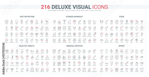 Everyday healthy life habits, diet nutrition, sport workout line icon set. Grocery store products for cooking, restaurant dishes, medical device thin black and red outline symbols vector illustration