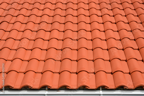 A vibrant and uniform pattern of terracotta roof tiles stretches across the frame, showcasing their classic curved shape and warm reddish-brown hue, with a white gutter visible at the bottom