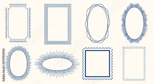 Set of vintage vector decorative frames. Hand drawn line art borders in various shapes like rectangle, oval with ornamental details. Graphic elements for photo, certificate, invitation design.