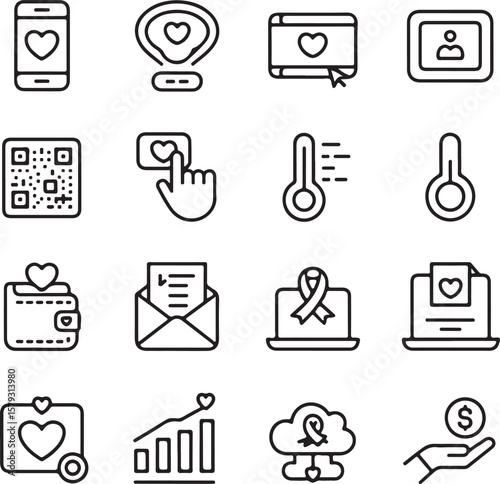 Collection of Line Icons Heart, Charity, Donation, Technology, and More