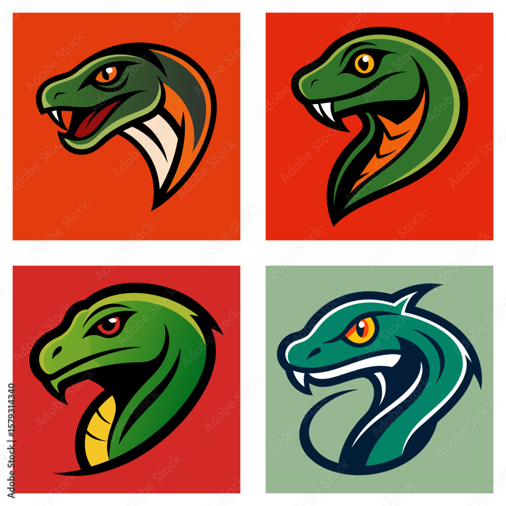 Obraz premium Four square images displaying stylized snake heads with varying colors and background designs present