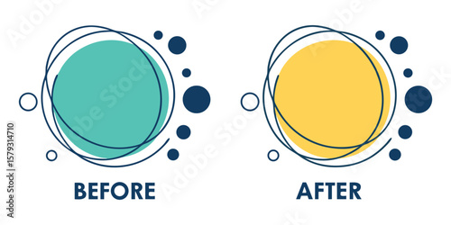 Before and After vector comparison template. Modern abstract graphic layout with colorful circles and dots for showcasing transformation, result, marketing, and advertising design.
