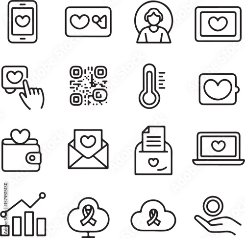 Line Icons Set Heart, Love, Technology, Health, and Finance