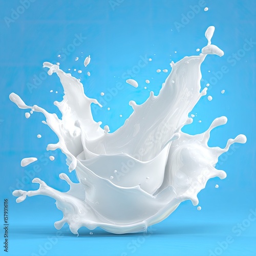 A dynamic splash of white liquid, frozen mid-air against a light blue backdrop, showcasing its texture and fluidity
