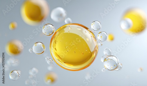 Abstract image of numerous translucent and amber spheres of varying sizes floating against a muted grey background, suggesting a liquid or serum-like substance