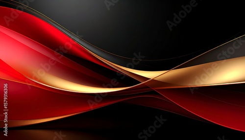 Abstract design with flowing red and gold shapes on black background