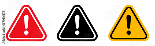 Warning danger sign, triangle alert icons set, precaution mark in red black yellow colors