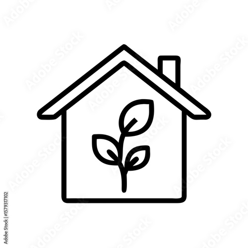Minimalist black outline vector icon of a house with a leaf or energy symbol, representing green energy, eco-friendly living, and sustainable housing. Isolated on a white background