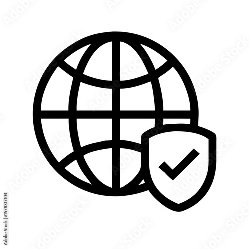 Vector icon of a globe with a shield, symbolizing global protection, cybersecurity, and internet safety. Isolated on a white background