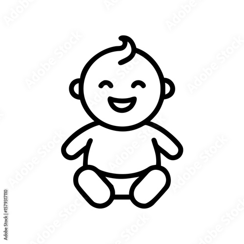 Minimalist black outline vector icon of a happy baby with, symbolizing childhood, joy, and parental care. Isolated on a white background