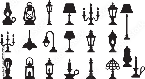 Various lamps and lanterns candlestick light