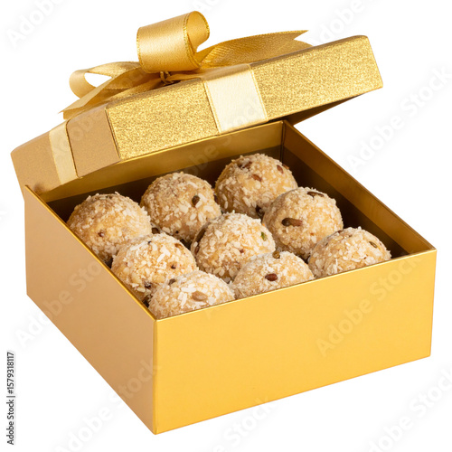 Gift Box of Atta Ladoos with Golden Wrapping Paper and Ribbon, Cutout PNG