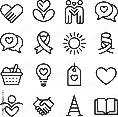 Collection of Line Art Icons Love, Support, Community, and More
