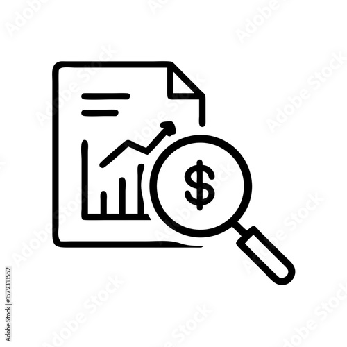 Magnifying glass over financial report analysis shows business trending upward. Magnifying glass over financial report reveals detailed data and future predictions.