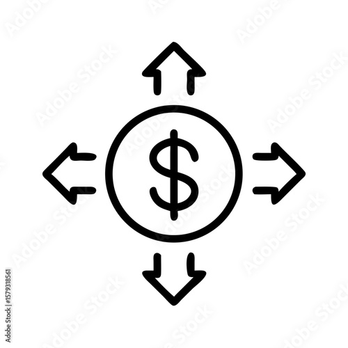 Dollar sign with arrows shows financial growth and investment. Dollar sign with arrows represents return on investment and money flow direction.