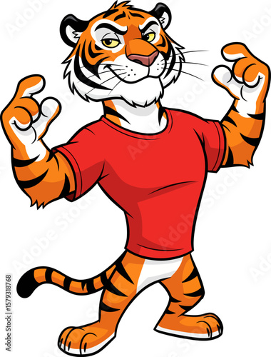 Cartoon tiger flexing muscles, wearing red shirt, standing with confident expression.