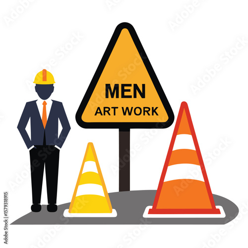 A safety cone placed next to a "men at work" sign, indicating an active construction area.