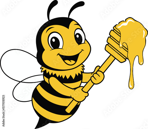 Cartoon bee smiling and holding a honey dipper with dripping honey.
