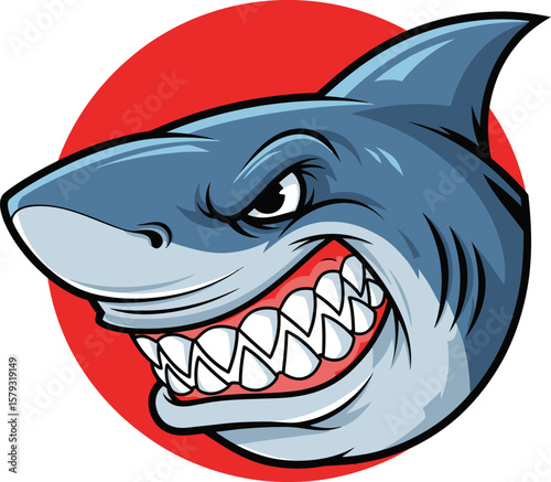 Cartoon illustration of an angry shark with sharp teeth, set against a red circular background.