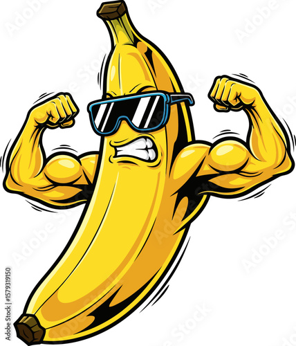 Cartoon banana character wearing sunglasses, flexing muscular arms, and showing an angry expression.