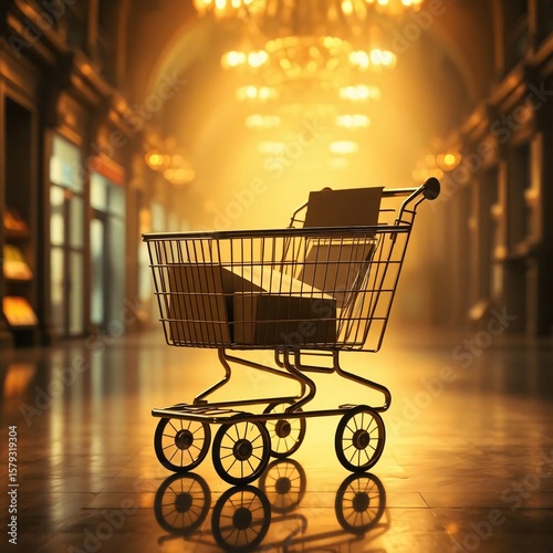 A radiant and luxurious shopping cart in a dramatic cinematic style, illuminated by a warm golden glow, exhibiting film-like composition and lighting