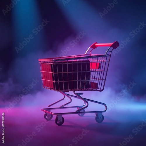 A sophisticated and elegant shopping cart, illuminated by volumetric lighting, featuring rich burgundy and deep blue hues, with visible light beams piercing through dust or fog
