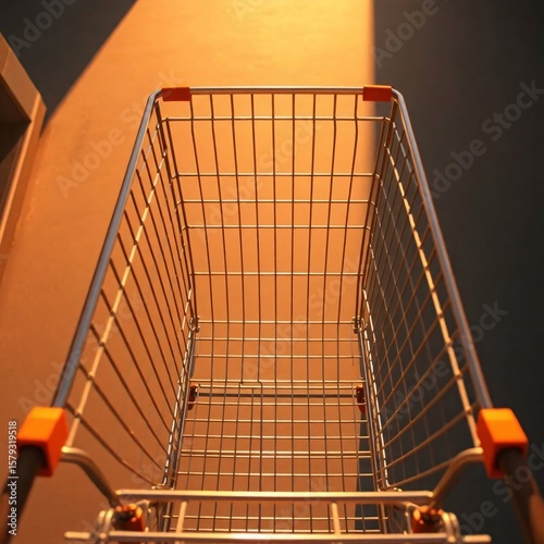 A warm golden hour light bathes a bird’s eye view of a shopping cart, showcasing a top-down perspective. Soft light, reminiscent of sunrise or sunset, casts gentle shadows