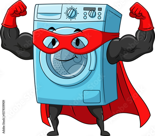 A cartoon washing machine dressed as a superhero, flexing its muscles and ready to tackle laundry.