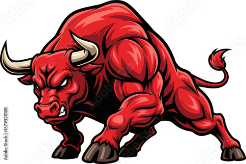 A powerful, red bull, depicted in a dynamic stance, showcasing muscular physique and aggressive expression.