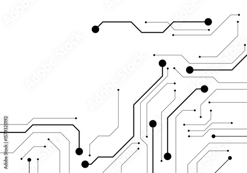 Digital circuit lines with dots on a white background, clean and minimalistic style, representing technology and virtual connectivity. 