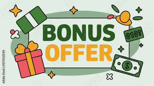 Eye-catching Bonus Offer Graphic with Gifts, Stars, and Money Icons for Promotions and Sales