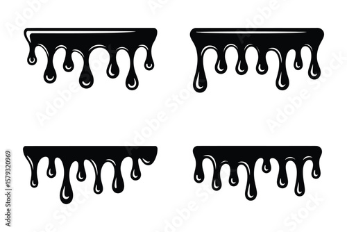 Melt Drops – Vector Illustration of Flowing Liquid Dripping from Above, Hand-Drawn Paint or Ink Spill Isolated on White Background, EPS 10 Format