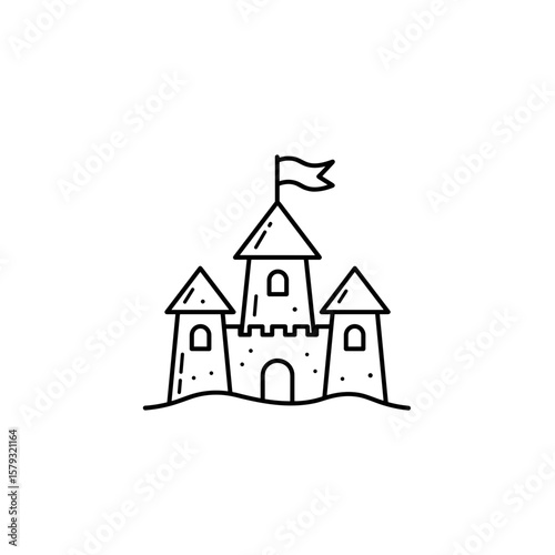 Sandcastle with flag vector icon in a playful line art style