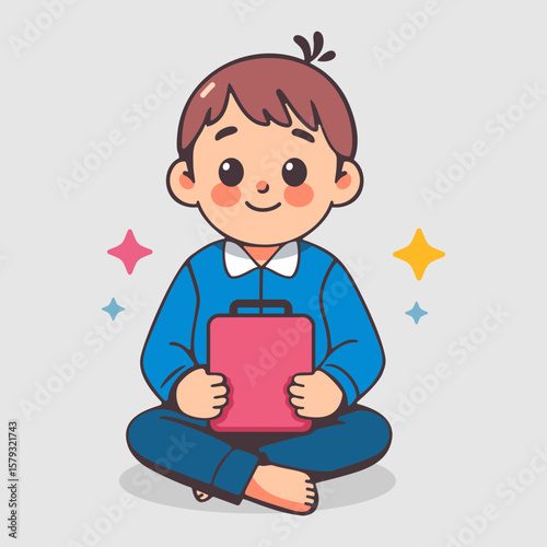 Boy sitting and holding a tablet with focused mood