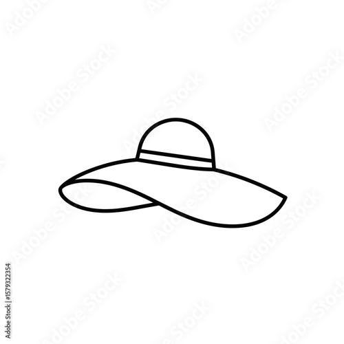 Wide-brim sun hat vector icon in a minimalist line art style 