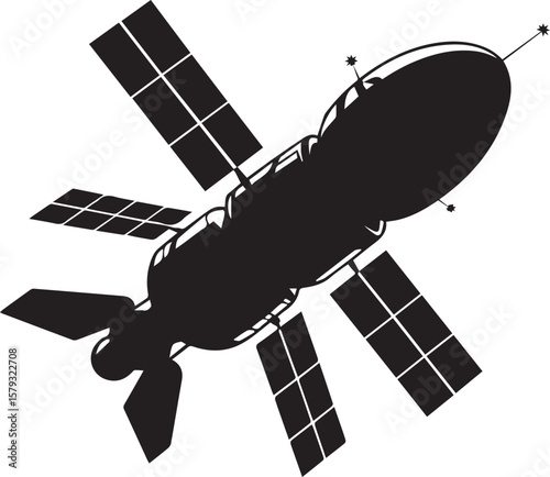 Orbiting satellite silhouette with solar panels against white background symbolizes modern space exploration
