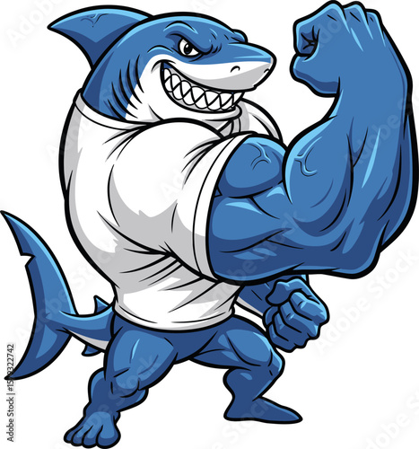 Cartoon shark flexing its muscular arms, wearing a white tank top, and showing its teeth.