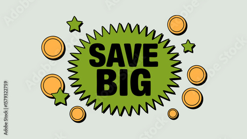 Eye-Catching Advertisement: Save Big Offer with Coins and Stars for Promotions and Sales Events