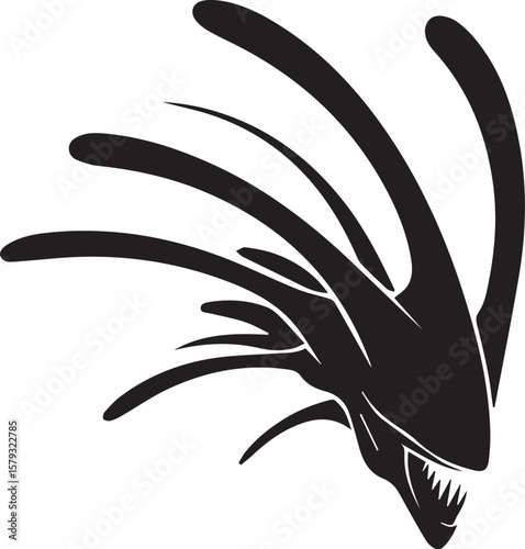 Fierce extraterrestrial creature with menacing teeth rendered in a stark black and white silhouette design.