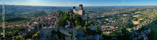 Aerial view of San Marino  also known as the Most Serene Republic of San Marino an enclaved microstate surrounded by Italy, situated on the Italian Peninsula on the northeastern side of the Apennines