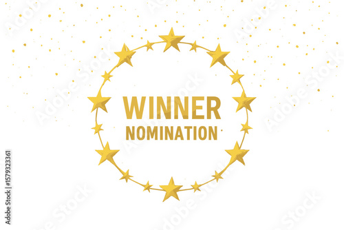 Luxury reward or certificate poster with golden falling glitter confetti decoration and glow light effect background, featuring a winner nomination award with gold stars circle vector illustration